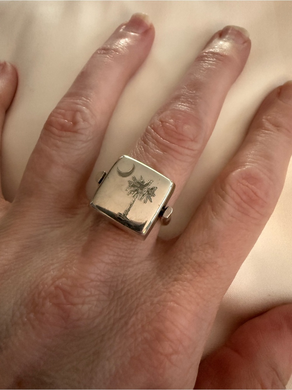 Sterling Silver Palmetto Tree & Crescent Moon Square Ring - Silver
